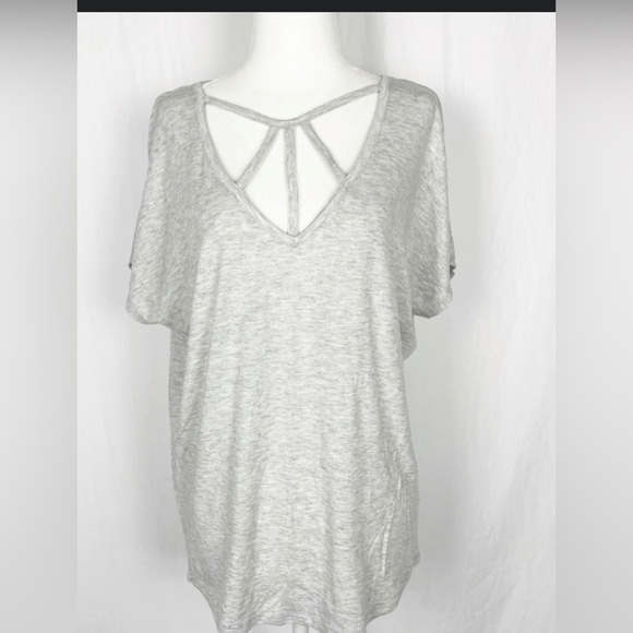 Express one eleven soft stretchy gray t-shirt with caged neckline - Picture 1 of 5